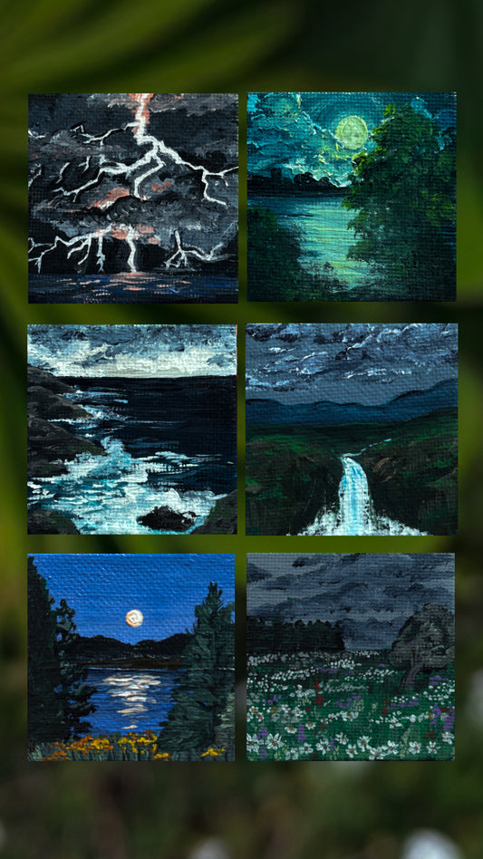 “After Dark” Collection, 6PC 2x2 Inch Original Painting